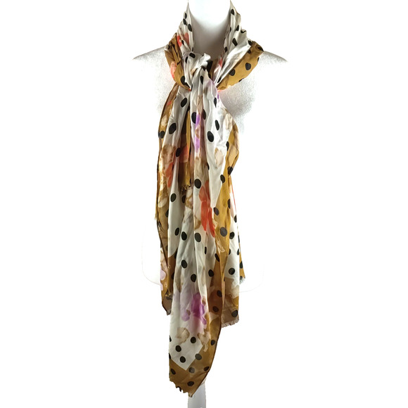 Black Cream Orange Flower Scarf Rectangle 66" X 22" Spring Elegant - Picture 5 of 5
